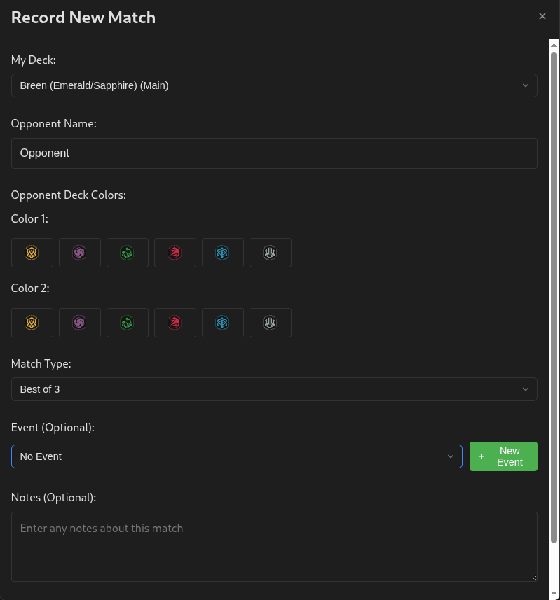 Statcana Lorcana tracker's match logging interface, showing fields for deck, opponent, win/loss, and notes.
