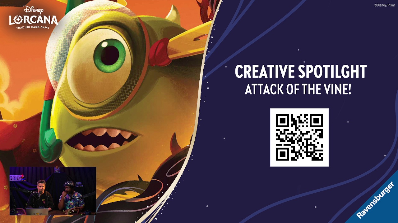 QR code shown during the Disney Lorcana Set 13 Weekly Lorecast linking to Senior Art Director Mike Vaillancourt exclusive article