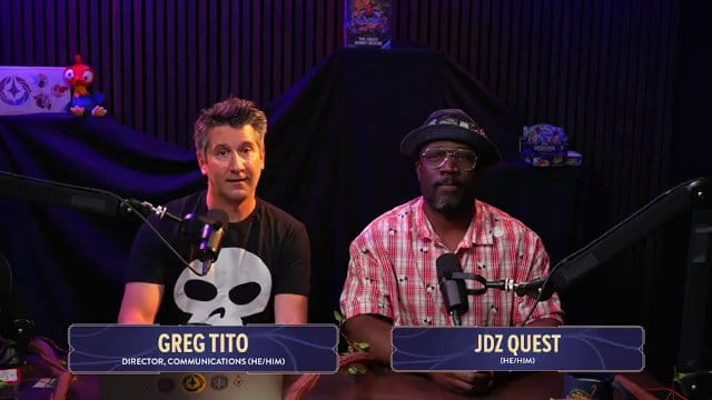 Disney Lorcana Weekly LoreCast team discussing the upcoming Set 13 pre-release events on stream.