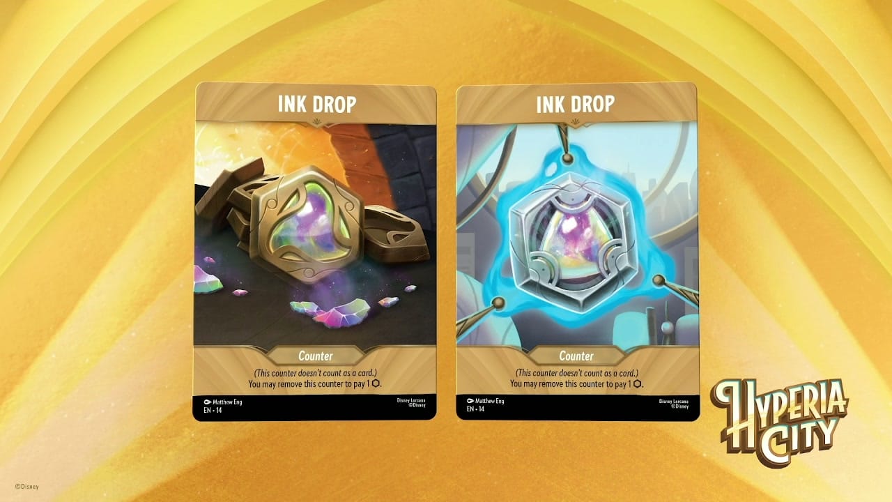 Disney Lorcana Hyperia City Ink Drop Counter Cards reveal from official stream