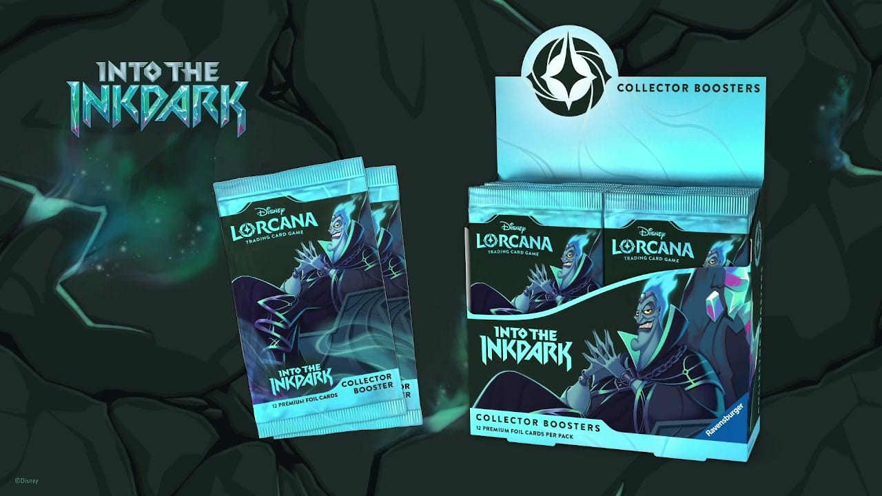 Disney Lorcana Into the Inkdark 12-foil Collector Boosters box and booster packs featuring Hades