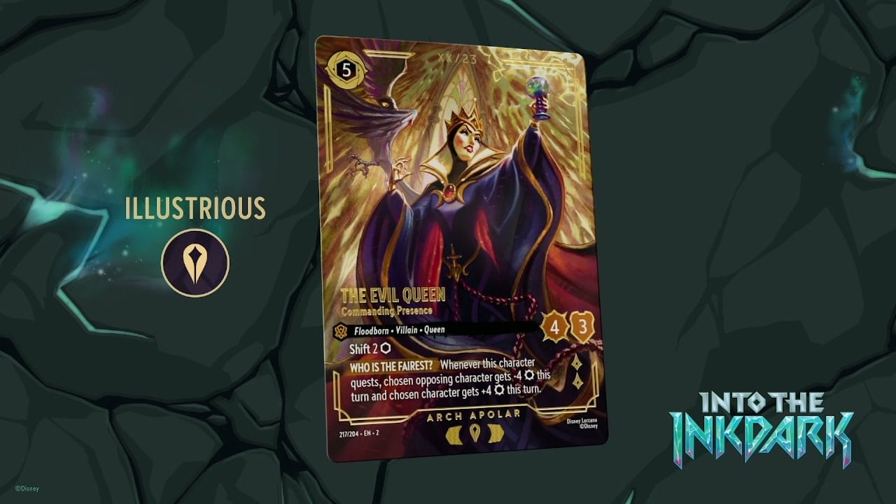 Disney Lorcana Illustrious rarity serialized The Evil Queen Commanding Presence card from Into the Inkdark